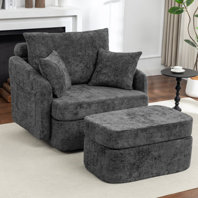 Upholstered Chenille 360° Swivel Chair With Ottoman
