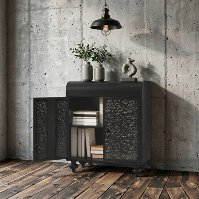 Armoire de rangement décorative avec 2 portes et poignées en métal, buffet avec tablettes intérieures, armoire rétro pour vestibule, salon, salle à manger, noir antique