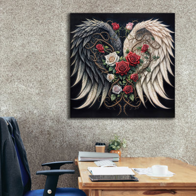  «Wings and Roses Black» par Rey Klimt, art mural sur toile, 37 po x 37 po