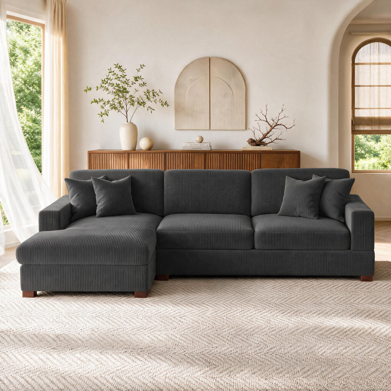 Milbrey 3-Piece Corduroy Modular Sectional with Loose Back, Left Hand Facing, Gray Corduroy