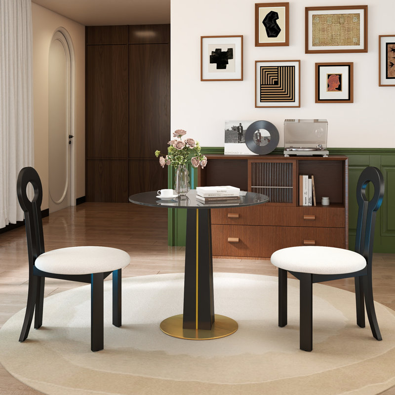 3-Piece Modern Dining Set with 33.5" Round Tempered Glass Top, Black Pedestal Base with Gold Trim & 2 Rubberwood Chairs – Small Space Kitchen & Dining Table Set