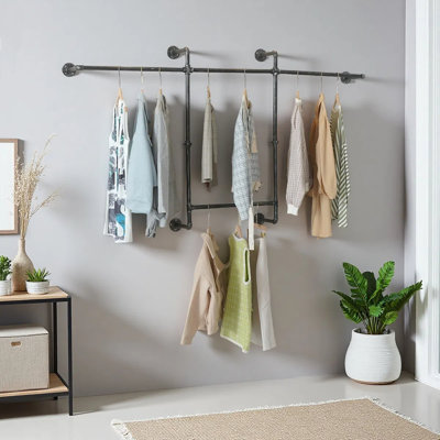 Wall Mounted Clothes Rack 82.68In, Industrial Pipe Clothing Racks Wall Mount, Heavy Duty Detachable Iron Garment Bar, Saving Space, Multi-Purpose Hang