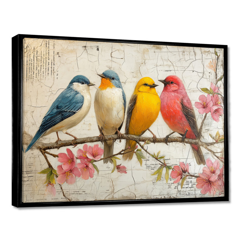 Rose, rose, oiseaux, branche, relaxation II, art mural, salon, Cadre flottant noir, H 24 po x l 32 po