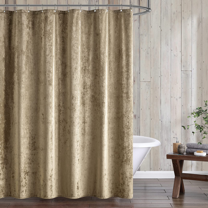 Khaki Distressed Velvet Shower Curtain with Silver Hooks
