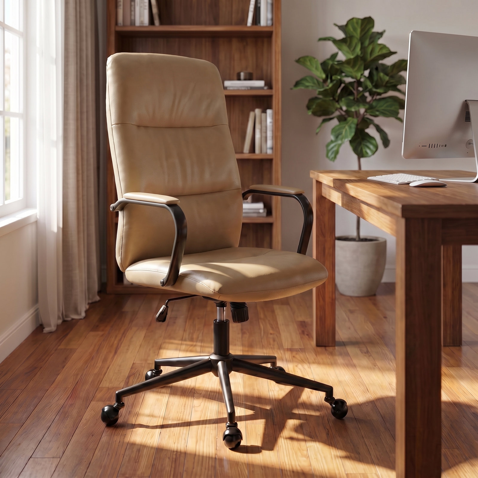 Mid-century Faux Leather High Back Office Chair – Softly Padded, Height Adjustable, with Armrests – Versatile Desk Chair for Home Office, Study, or Vanity Makeup Room