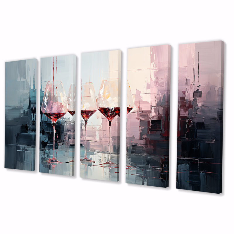 «Wine Glasses Deep Collage - Wine», ensemble d'art mural 5 pièces, H 28 po x l 60 po