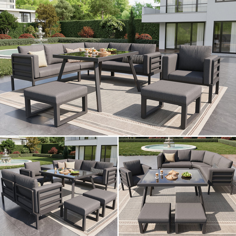 8 - Person Crescent-shaped Garden Sofa Set With Glass Table