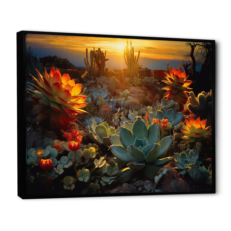 Succulent Desert Cactus Field Burning Sunset - Succulent Wall Art, H 34 po x l 44 po, Reproduction avec cadre flottant, Noir