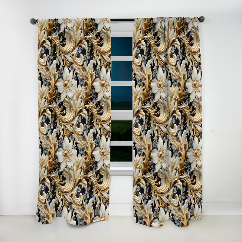 Royal Gold And White Floral Elegant Garden I - Glam Curtain - Velvet Room Darkening - 1 panel, 52" W x 90" L