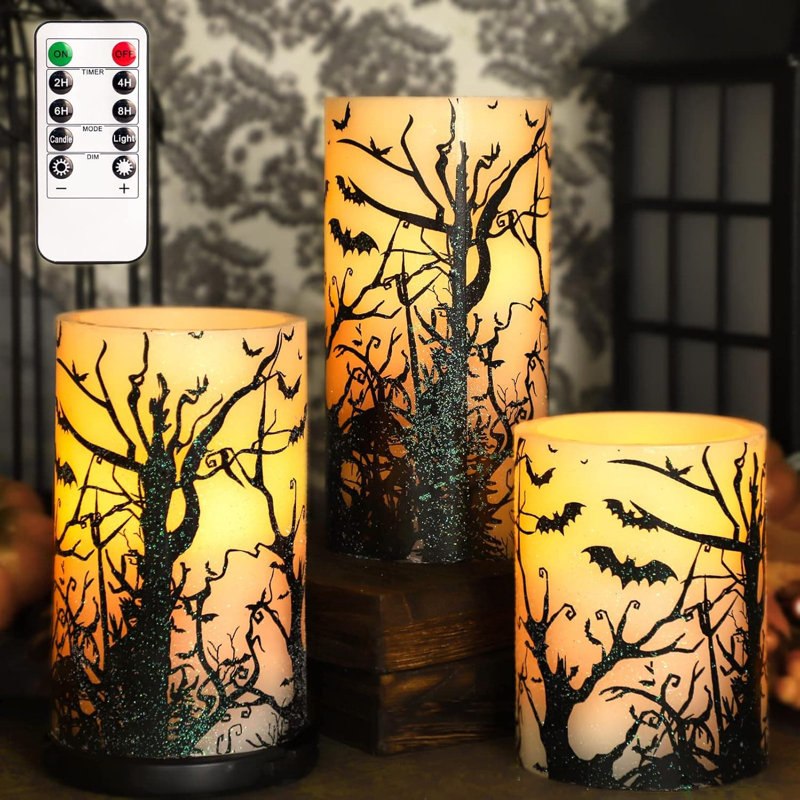 Flameless Candles:Set of 3, Black with Spooky Bats Decal, Flickering Real Wax LED Pillar, Battery-Operated with Remote