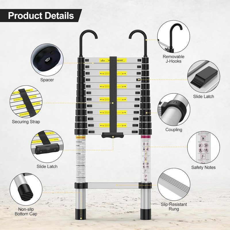 Telescoping Ladder, 12.5 Ft Aluminum Extension Ladder with 2 Detachable Hooks, 331 Lbs Load Capacity