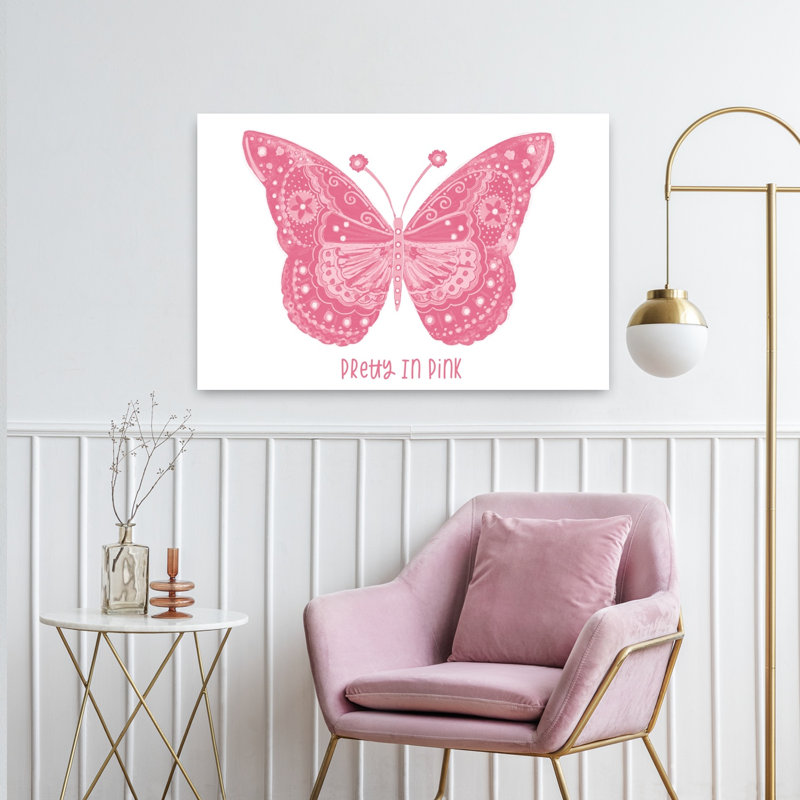 Joli papillon rose fantaisiste, art contemporain, H 24 po x l 36 po
