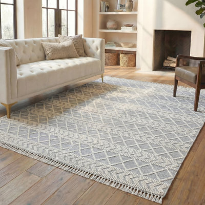 Tapis en laine / coton tissé à la main Natura en ivoire / bleu