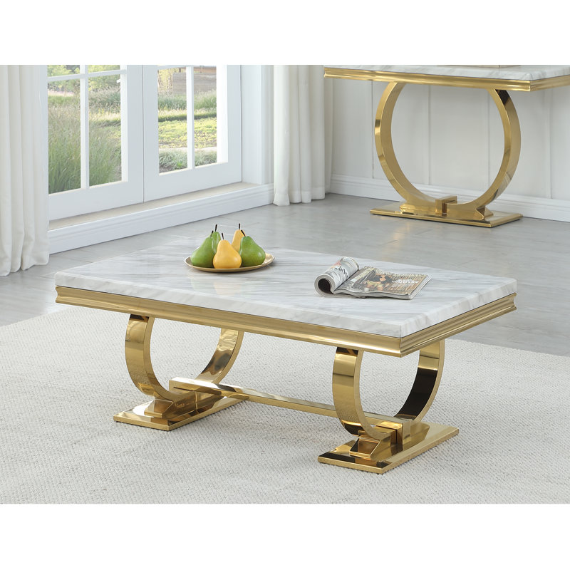 Monroe 47.5" Rectangular Marble with Double Pedestal Coffee Table , Gold