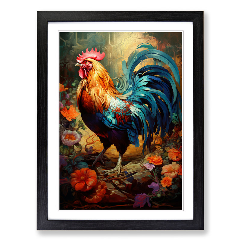 Rooster Tachisme - Single Picture Frame Print on Wood, Black, 46cm H x 34cm W x 2cm D