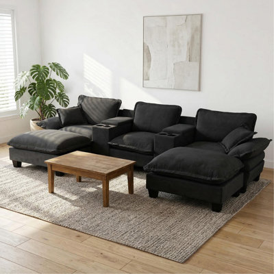 Canapé modulaire Cloud, canapé voilier en forme de U avec porte-gobelets et rangement, port USB, 2 repose-pieds et 2 coussins, chenille pour appartement et salon, noir
