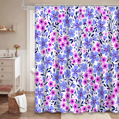 Petit rideau de douche sans couture à motif floral bleu avec 12 crochets