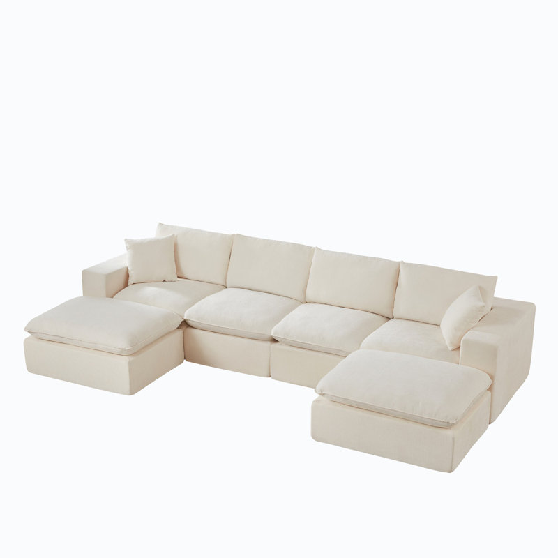 137.89" U Shape Sectional Sofa Cloud Couch With Removable Ottomans, White Chenille 
