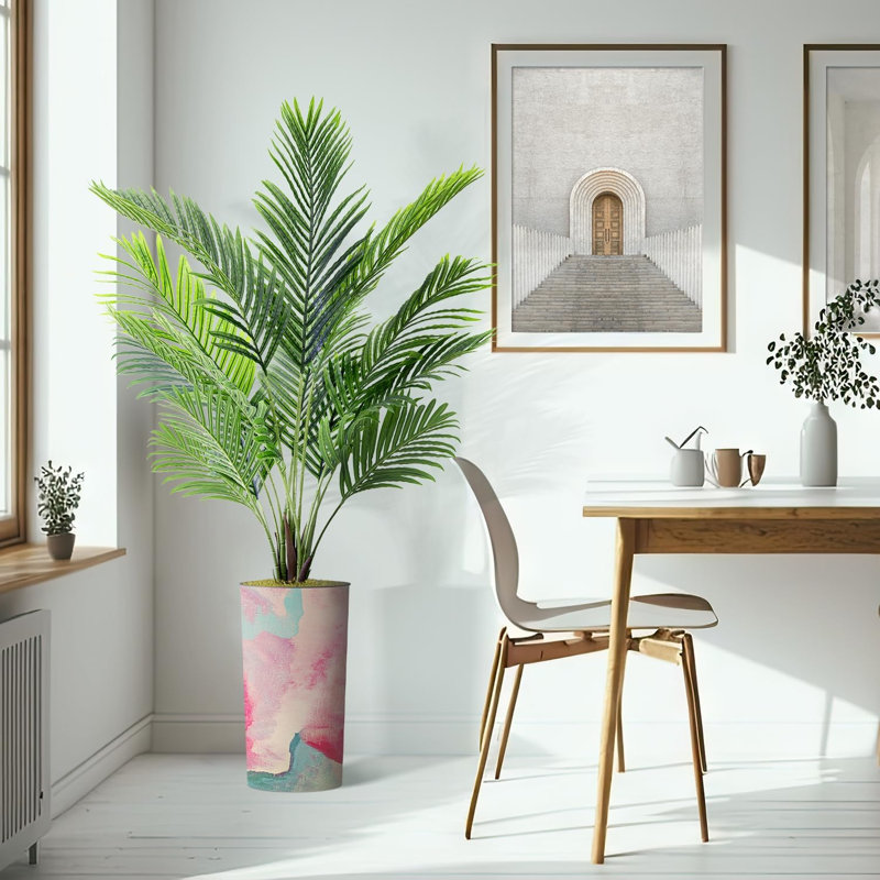 Artificial Tree In Planter, Fake Areca Tropical Palm Silk Tree Home Decoration (Plant Pot Plus Tree), Teal Pink