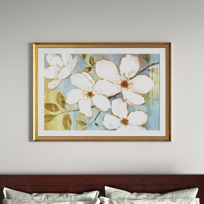 Blossoms - Matted and Framed Under Glass, Large Living Room Wall Art, 30.5" H x 42.5" W x 1.5" D, Gold