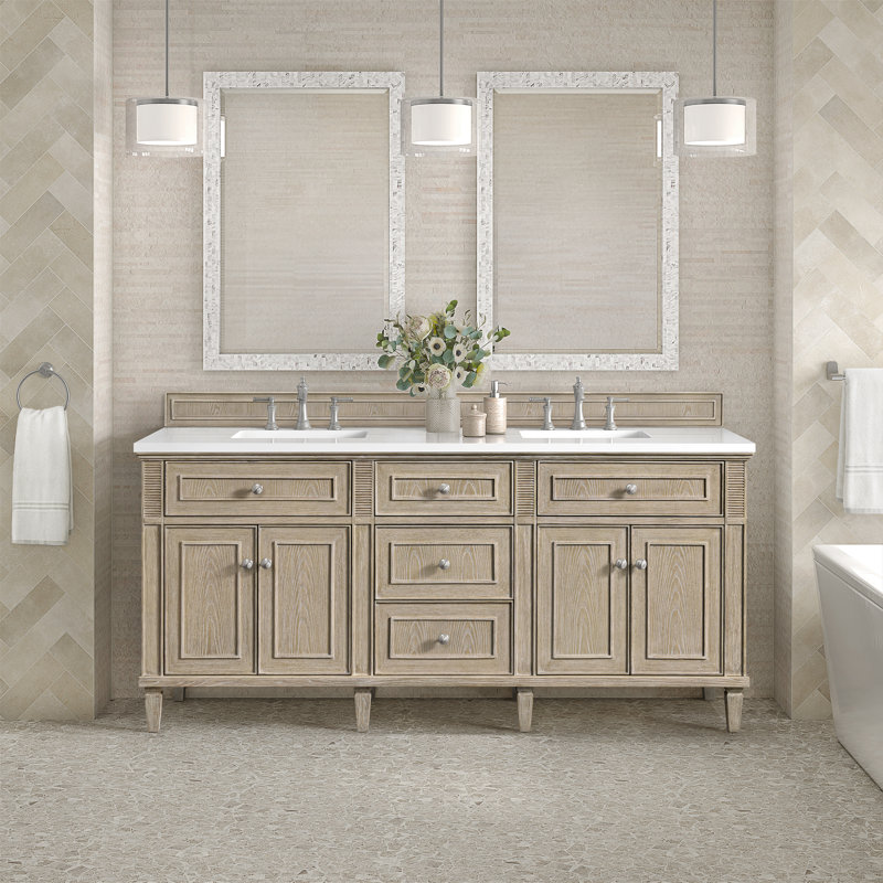 Lorelai 72'' W Double Vanity, Whitewashed Oak, White Zeus, 8" Widespread