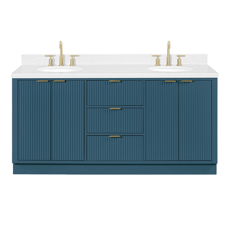 Meuble-lavabo double en bois massif 72 po avec plateau en quartz Carrara de 1,5 po Haun, Ovale, Bleu rétro