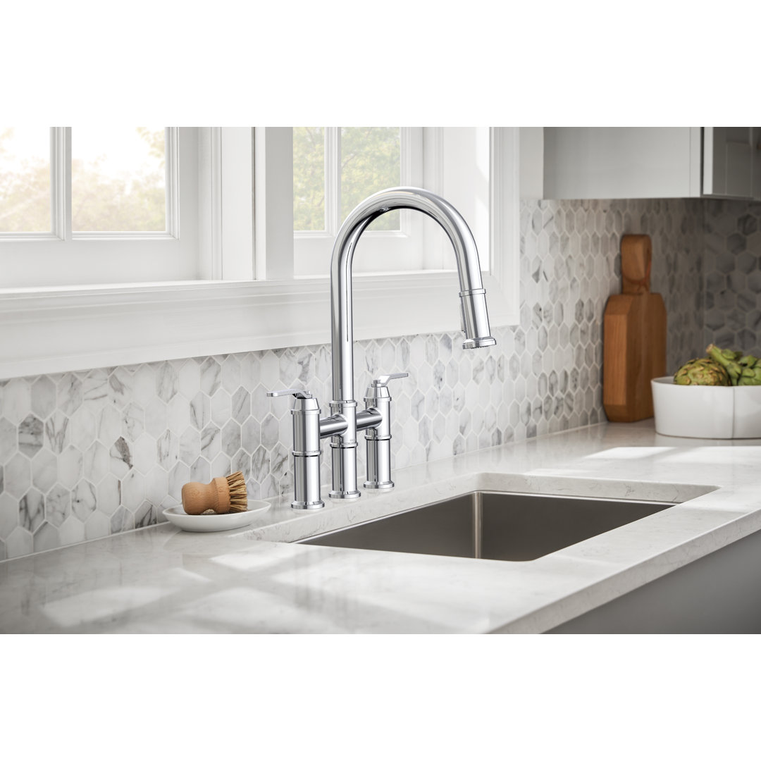 Kinzie 2-Handle Bridge Kitchen Faucet with Pull Down Sprayer Gerber
