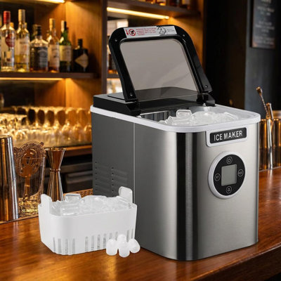 Countertop ice maker that produces 9 cylindrical ice cubes in 7 minutes; made of stainless steel; ideal for homes, offices, bars, and parties