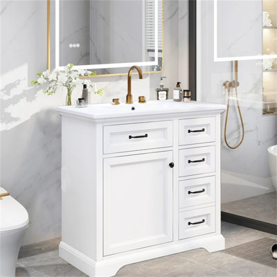 Meuble-lavabo sur pied 36 po avec lavabo en céramique encastré et armoire de rangement simple avec tiroirs, gris-vert
