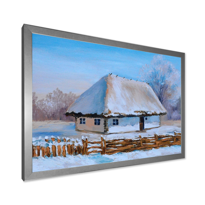Maison de campagne traditionnelle recouverte de neige I - peinture sur toile, H 30 po x l 40 po x 1,5 po, Encadrement argenté