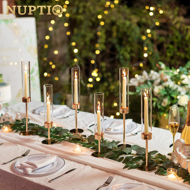 Hurricane Candle Holders Set Of 6 - Gold Taper Candlestick Holders With Cylinder Glass Covers For Windproof Table Centerpiece Decor
