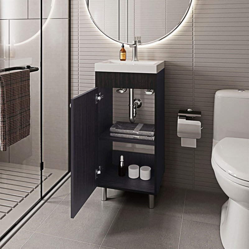 Meuble-lavabo de salle de bain avec porte et tablette de rangement, Wengé