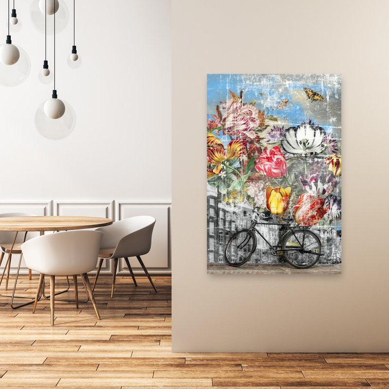 Vélo urbain avec tulipes colorées, rétro, abstrait, papillon, tulipe, ville, impression murale, 48" H x 32" W