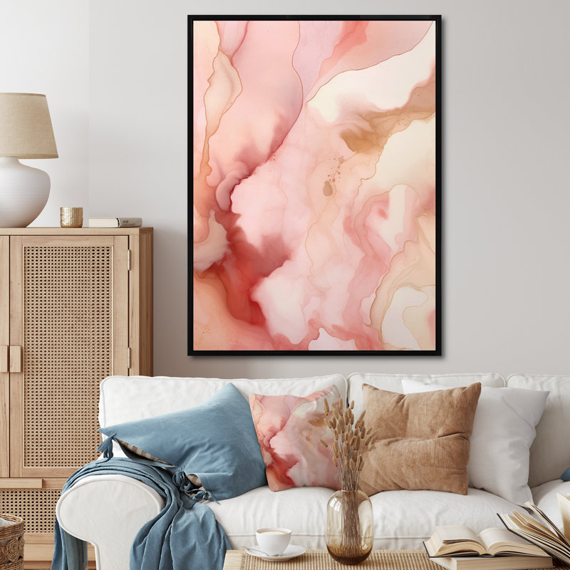 «Pink and Gold Enchanted Spills IV», reproduction sur toile, 20" H x 12" W, Cadre flottant noir