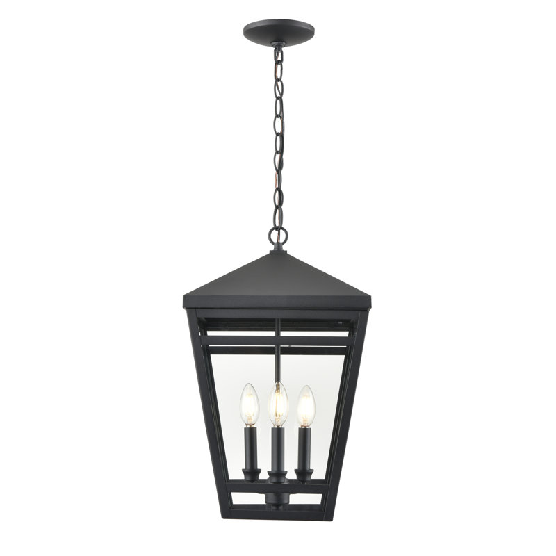 17 Stories Evonne 3 Light Outdoor Hanging Lantern in Textured Black with Clear Glass Shade