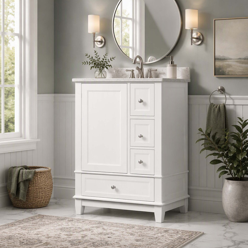 24" Bathroom Vanity with Sink and Drawers, White Freestanding Vanity Cabinet with Ceramic Top and Storage Shelves, MDF and Solid Wood Base, Modern Sink Cabinet for Small Bathrooms