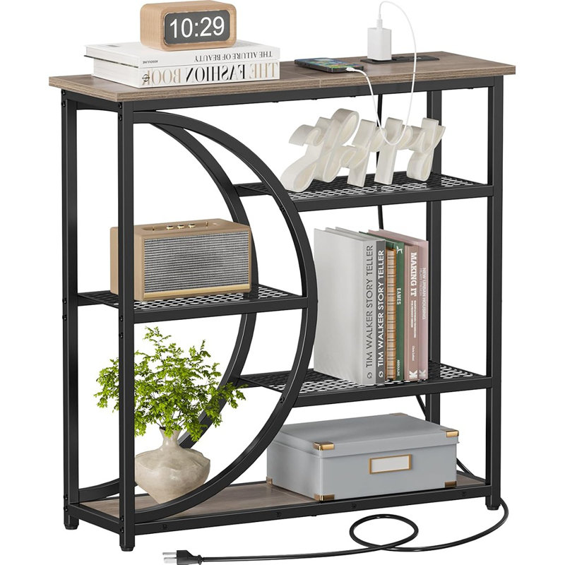 Entryway Table, Console Table With Charging Station, Industrial Narrow Sofa Table With 5 Tier Storage Shelves, Entrance Table For Hallway, Living Room, Foyer, Grey