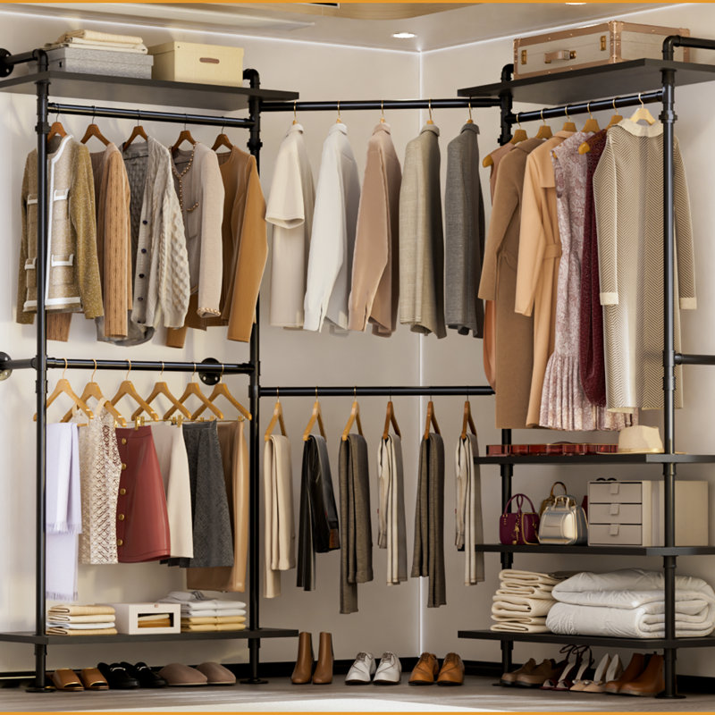 Support à vêtements en forme de C en L 55,5 po à 103,2 po, support à vêtements avec 3 tablettes en bois, support de rangement mural