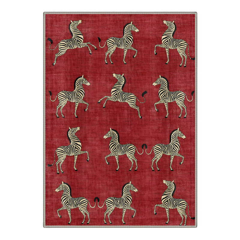 Aldovin Savanna Animal Print Machine Washable Red Indoor Area Rug with Non-Slip Backing, Rectangle 5' x 7'