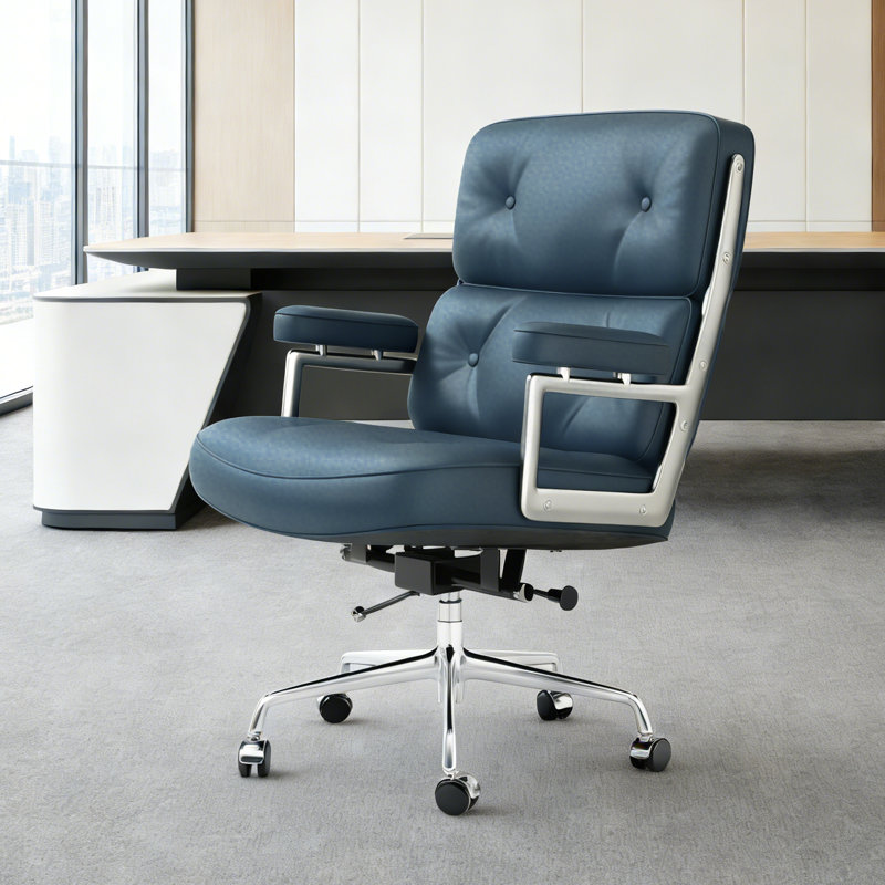 Mid Back Genuine Leather Executive Office Chair With Aluminum Frame, Swivel Computer Desk Chair, Genuine Leather Blue