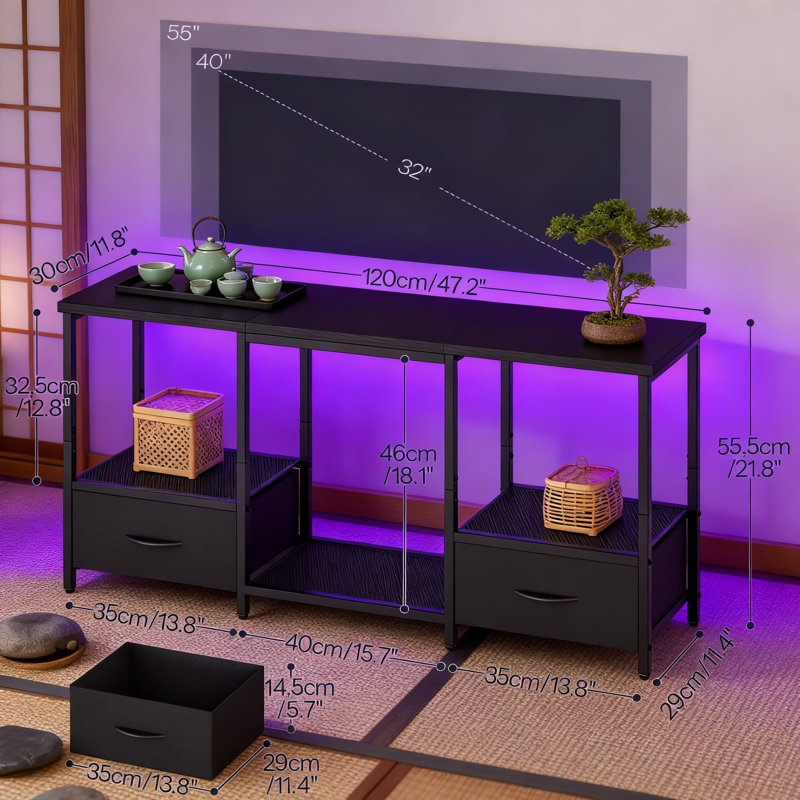Meuble télé à DEL avec rangement pour téléviseur de 55 po ou moins, centre de divertissement avec éclairage réglable, tablettes ouvertes et tiroirs pour le salon et la chambre à coucher