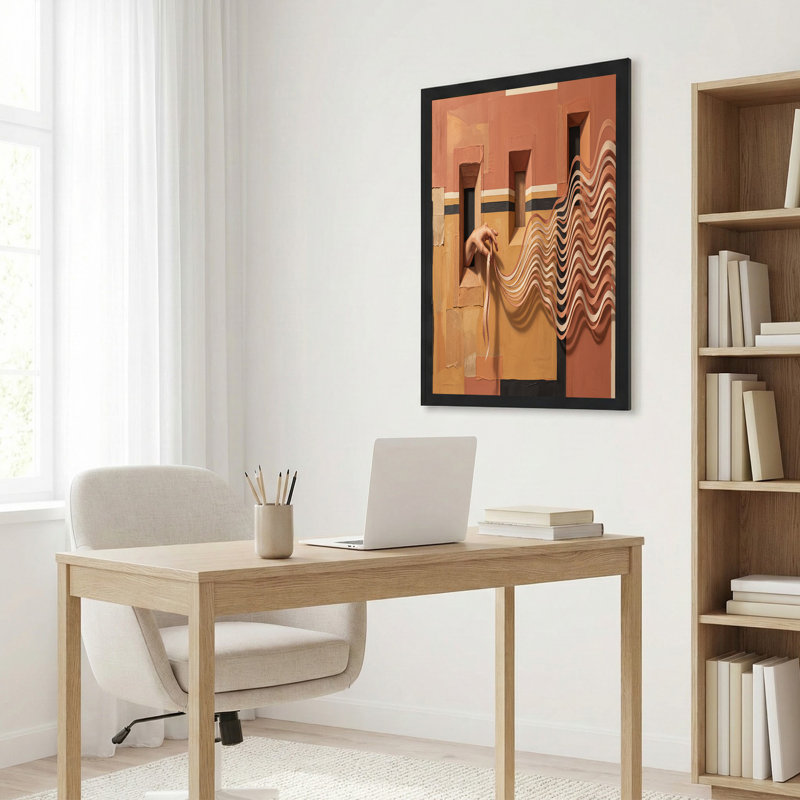 Toile tendue à la main à partir d'une fenêtre en terre cuite avec rubans ondulés, H 12 po x l 18 po