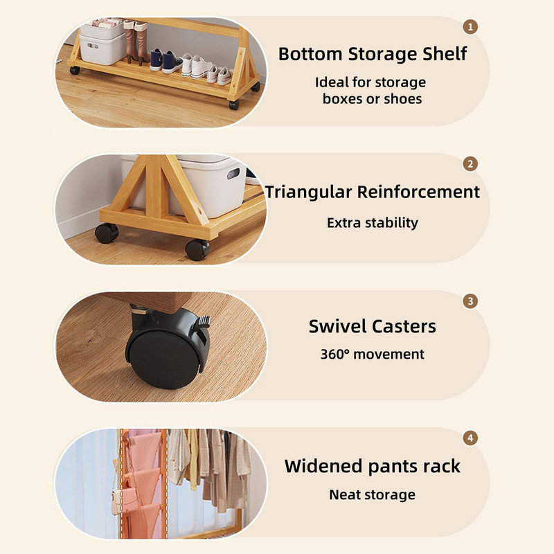 Porte-vêtements mobile en bambou avec roues et rangement, Brun