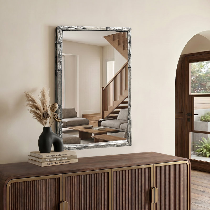 36"x24" Rustic Bathroom Wall Mirror, Antique Silver Bark Textured Metal Framed Wall Mirror
