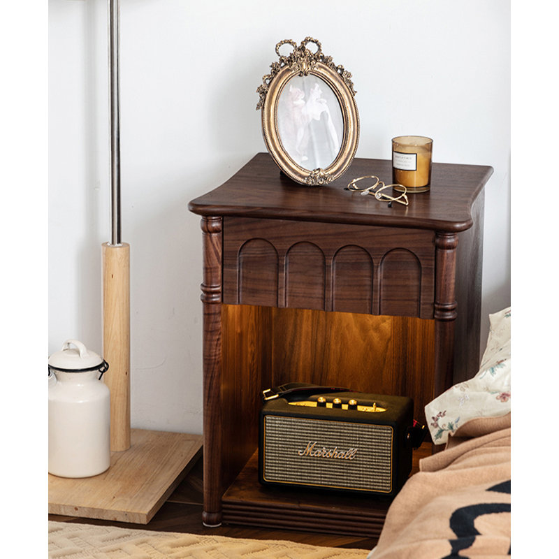 Medieval solid wood bedside table with open shelves
