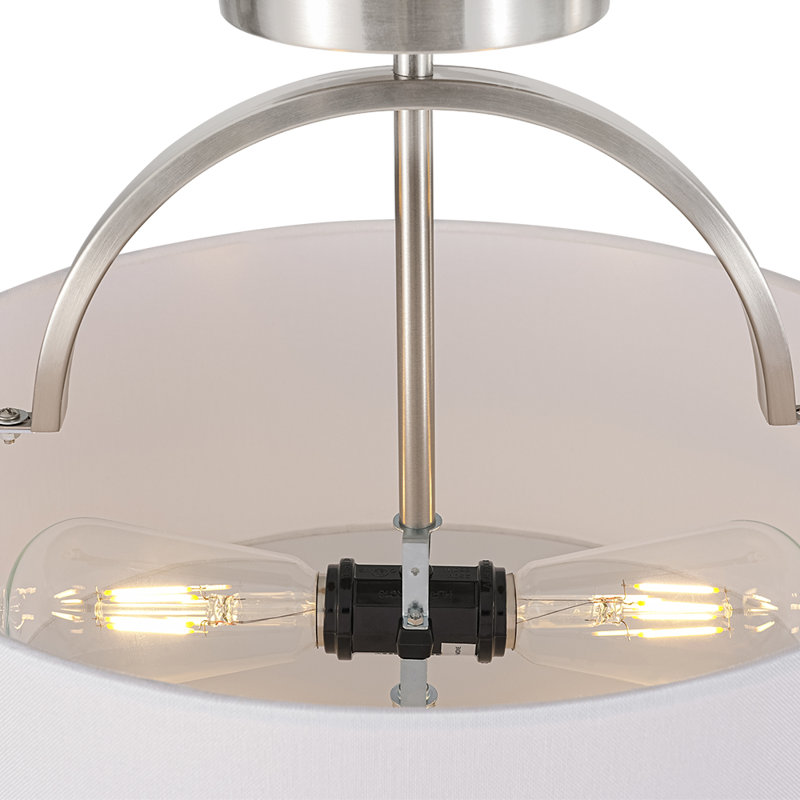 Transitional 2-Light Fabric Drum Shade Semi Flush Ceiling Light , Nickel