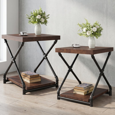 Solid Wood End Table Set of 2, Side Table with Storage Shelf