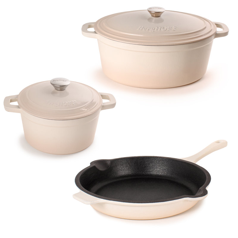 BergHOFF Neo 5Pc Cast Iron Cookware Set with 3Qt., 5Qt. Covered Dutch Ovens, and Fry Pan, Cream
