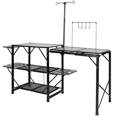Table de cuisine de camping, station de cuisson portative pliante d'une seule pièce avec un sac de transport, longue table de camping en aluminium 3 tables d'appoint, 2 tablettes et un évier amovible pour les pique-niques en plein air, les barbecues, le