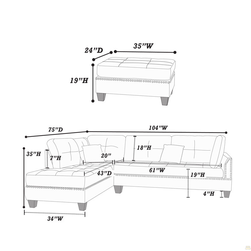 Reversible Polyfiber Sectional Sofa With Ottoman, Black